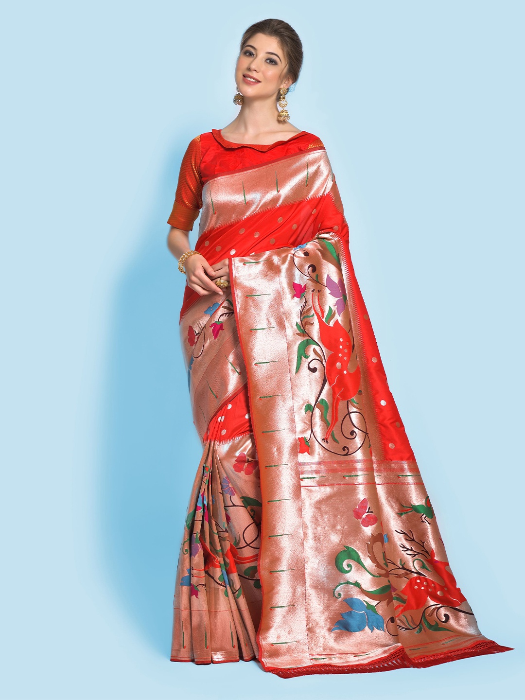 

VISHNU WEAVES Kalamkari Zari Pure Silk Designer Paithani Saree, Red