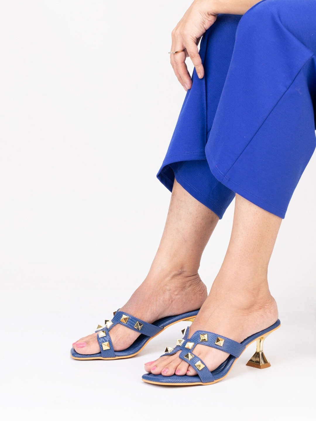 

TIC TAC TOE Embellished Open Toe Block Heel Mules, Navy blue