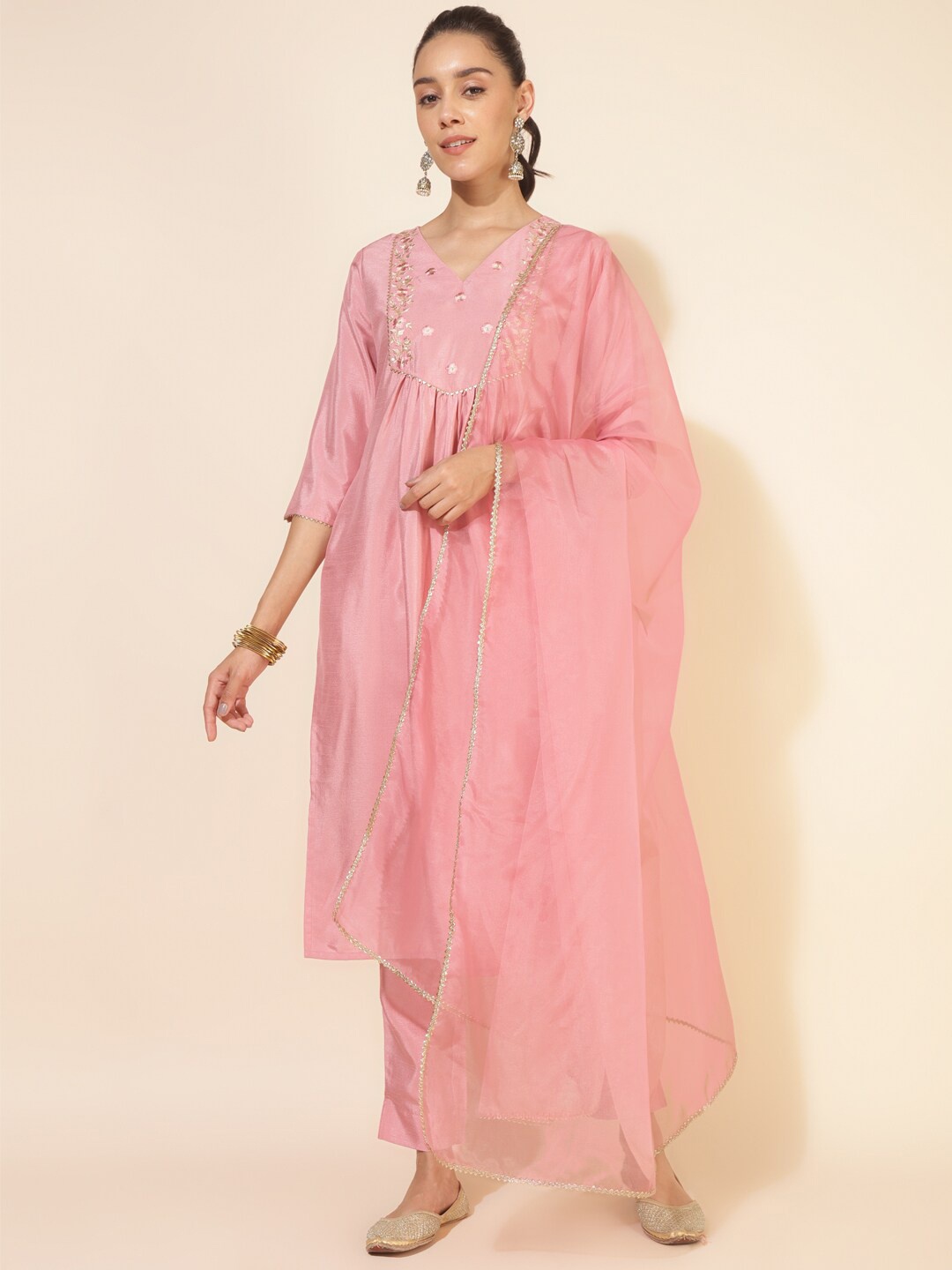 

Janasya Embroidered Straight Kurta with Trousers & With Dupatta, Pink