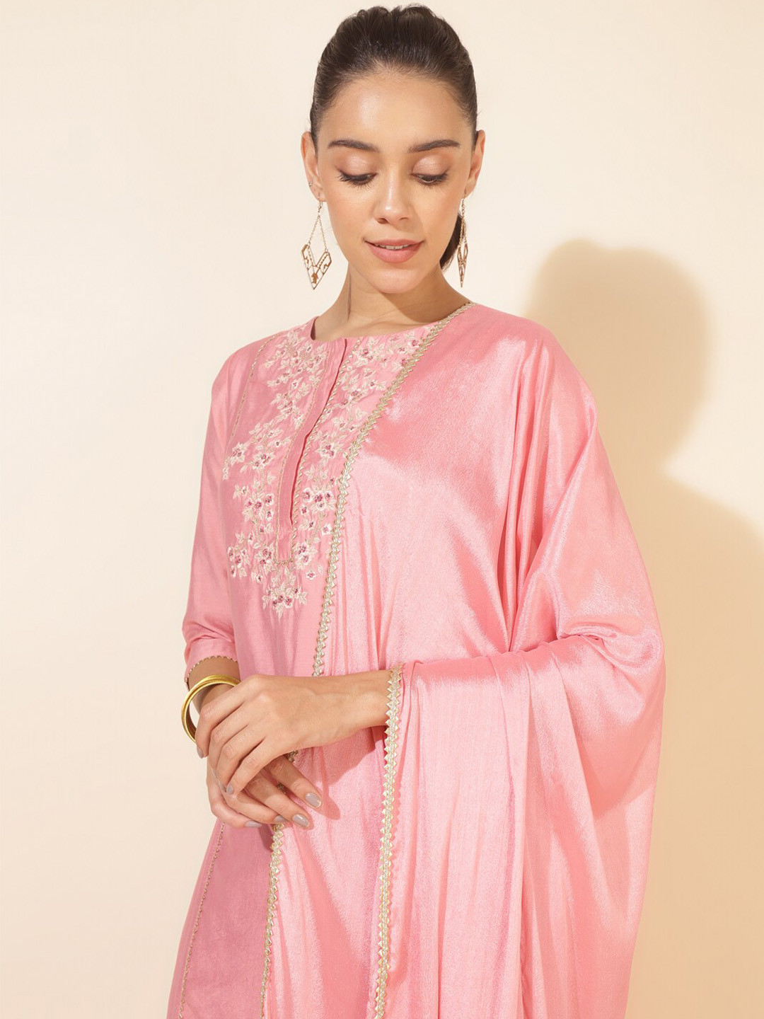 

Janasya Floral Embroidered Regular Kurta with Palazzos & With Dupatta, Pink