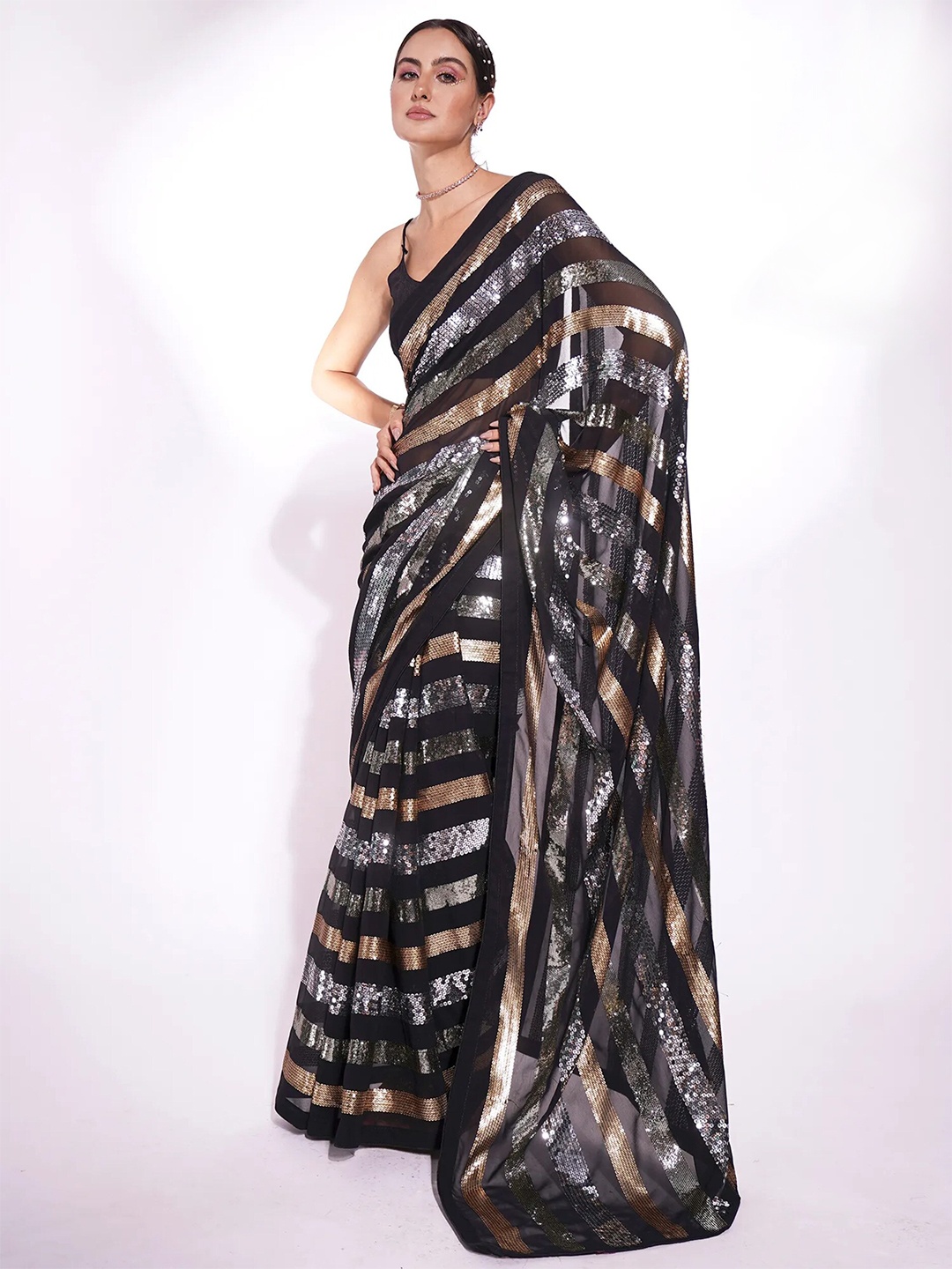 

Mitera Embellished Sequinned Saree, Black