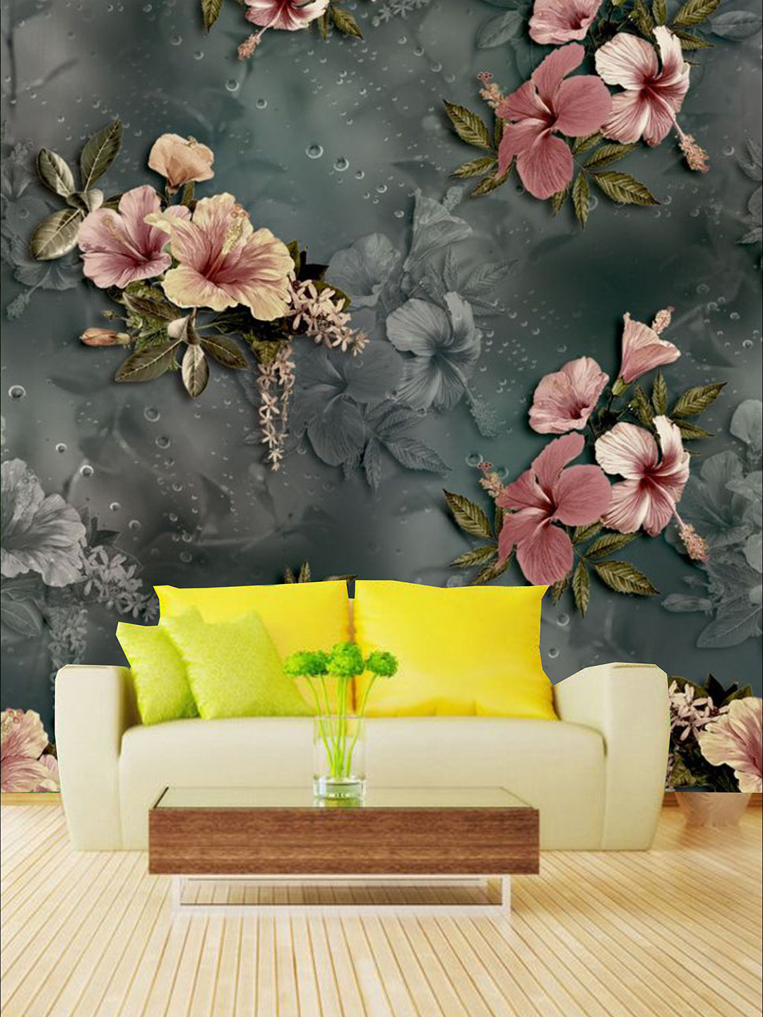 

KSHIRSA Grey & Pink Floral Printed Self Adhesive Removable Waterproof Wallpaper