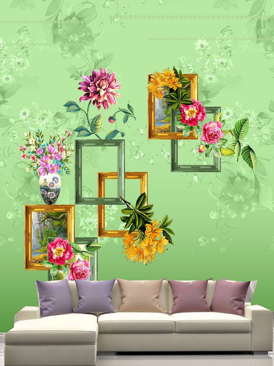 

KSHIRSA Green & Pink Floral Printed Self Adhesive Removable Waterproof Wallpaper