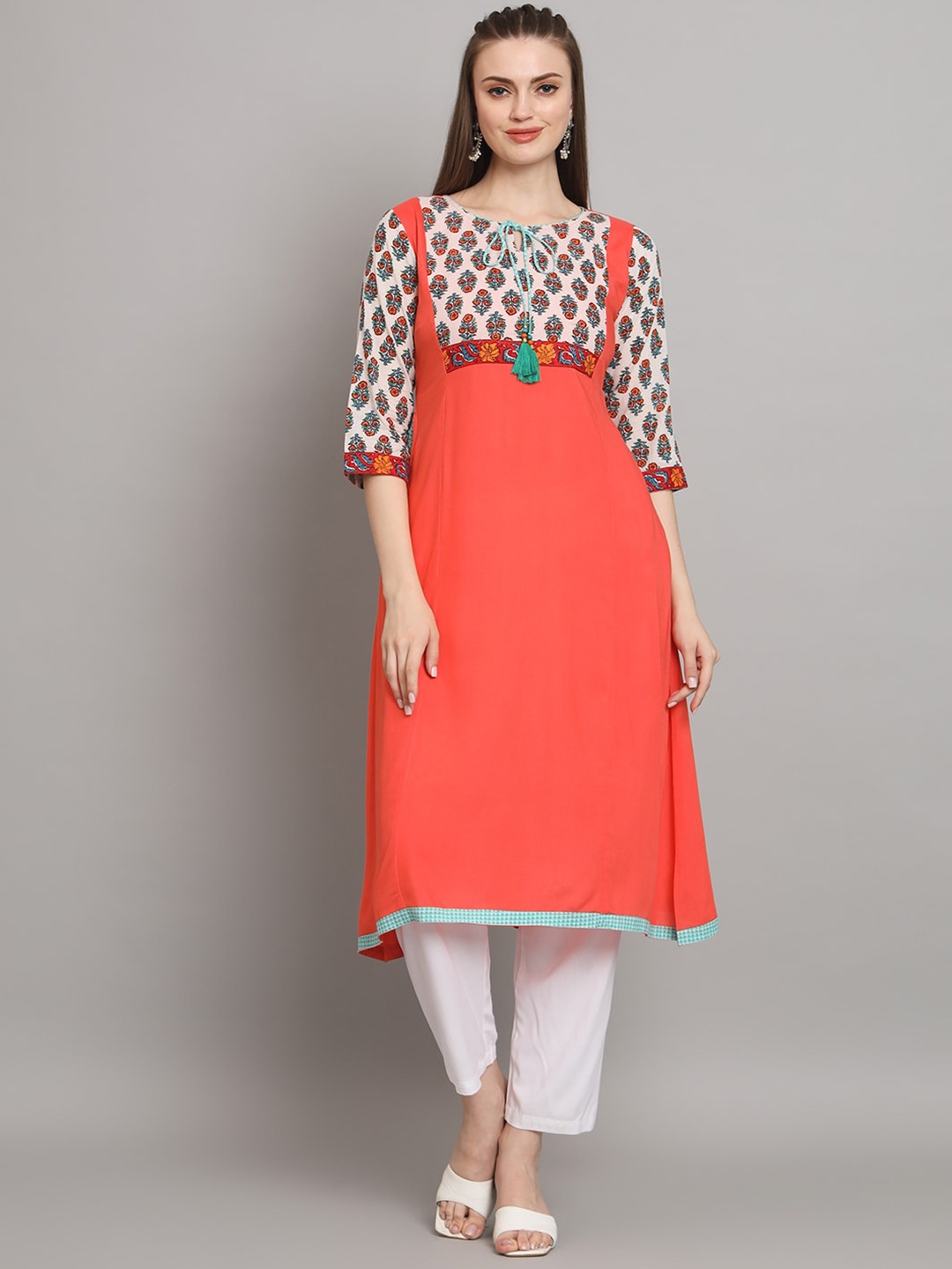 

all about you Orange Floral Yoke Design A-Line Kurta