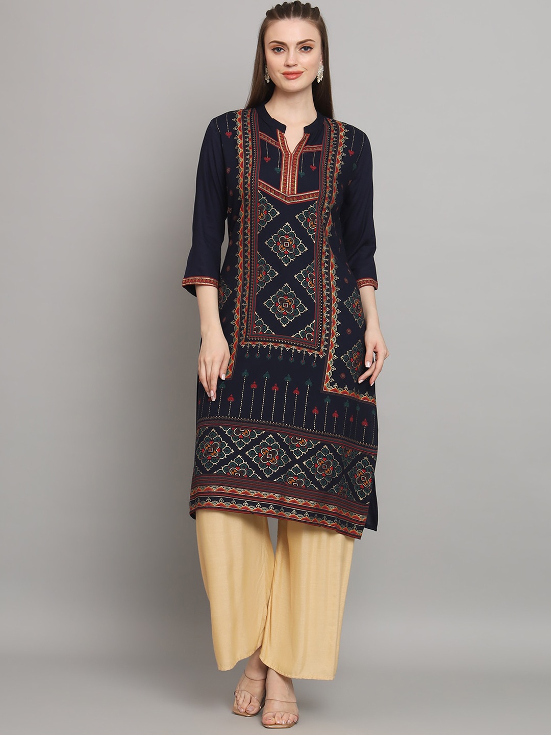 

all about you Navy Blue Ethnic Motifs Foil Printed Straight Kurta