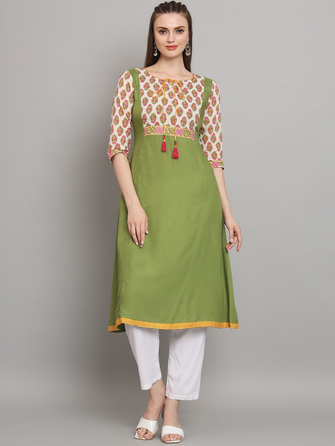 

all about you Green Floral Yoke Design A-Line Kurta