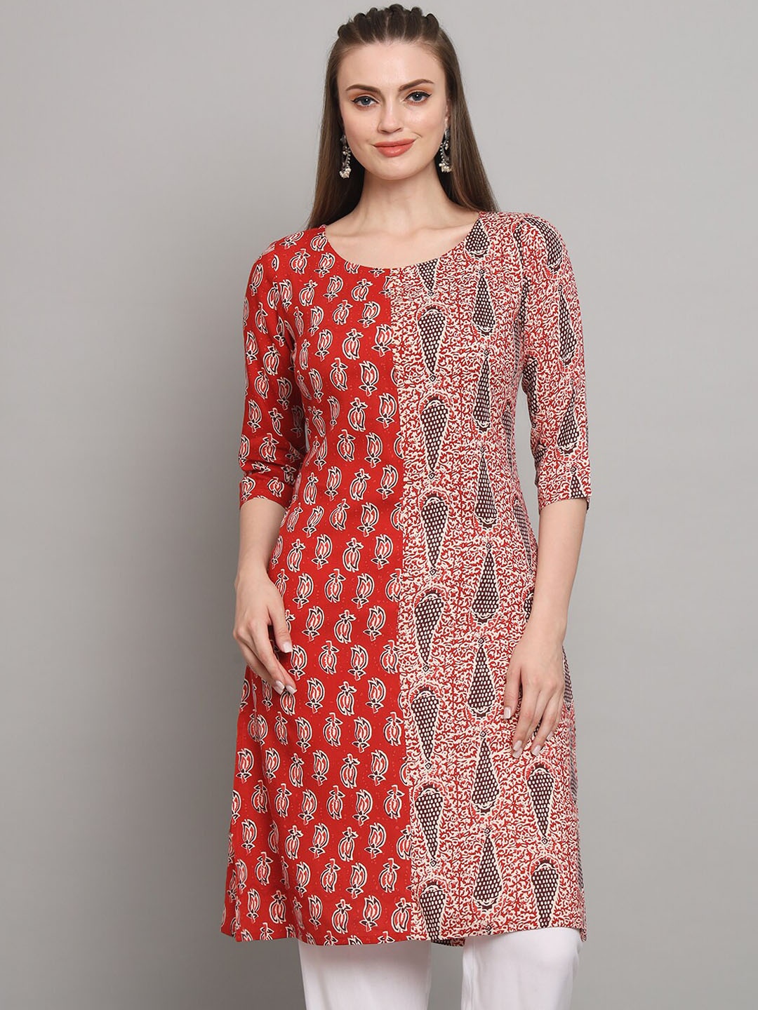 

all about you Red & Black Ethnic Motifs Printed Liva Straight Kurta