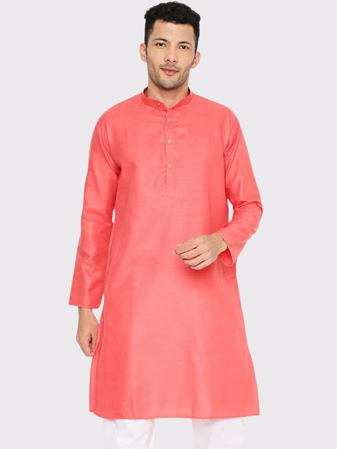 

Maharaja Band Collar Cotton Straight Kurta, Coral