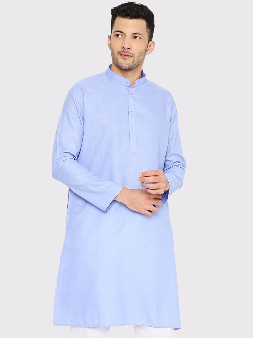

Maharaja Band Collar Cotton Straight Kurta, Blue