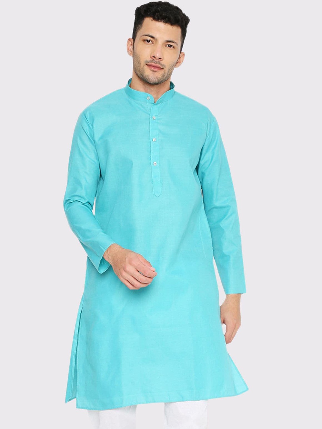 

Maharaja Band Collar Cotton Straight Kurta, Teal
