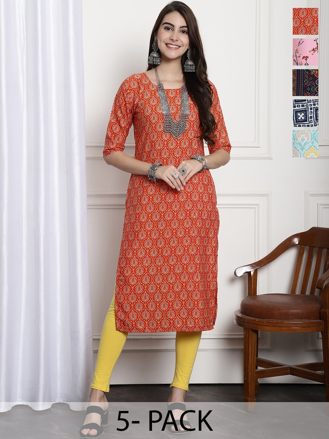

7Threads Selection of 5 Ethnic Motifs Printed Straight Kurta, Red