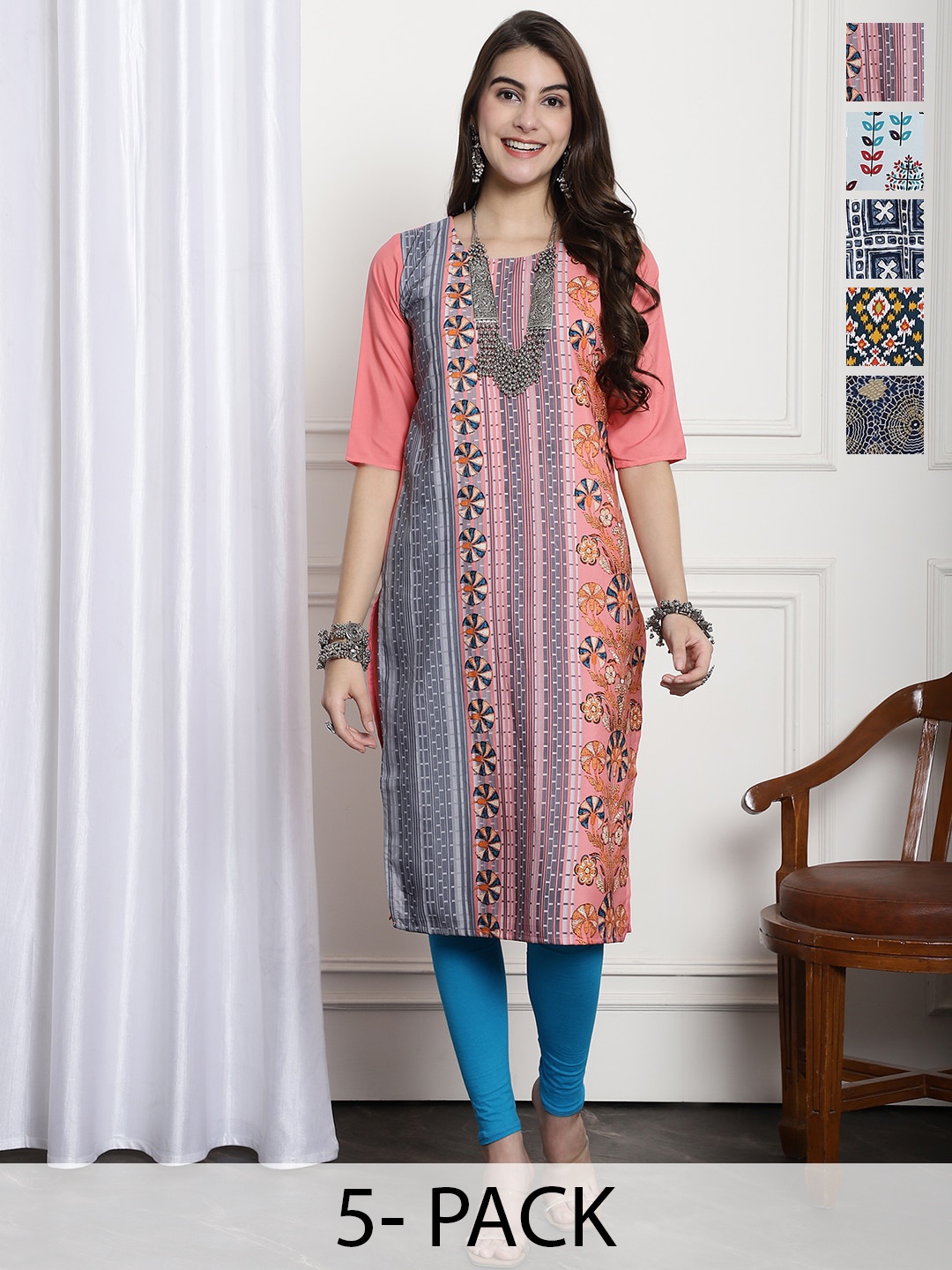 

7Threads Selection Of 5 Ethnic Motifs Printed Straight Kurta, Pink