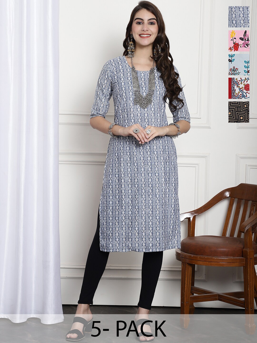 

7Threads Selection Of 5 Ethnic Motifs Printed Straight Kurta, Blue