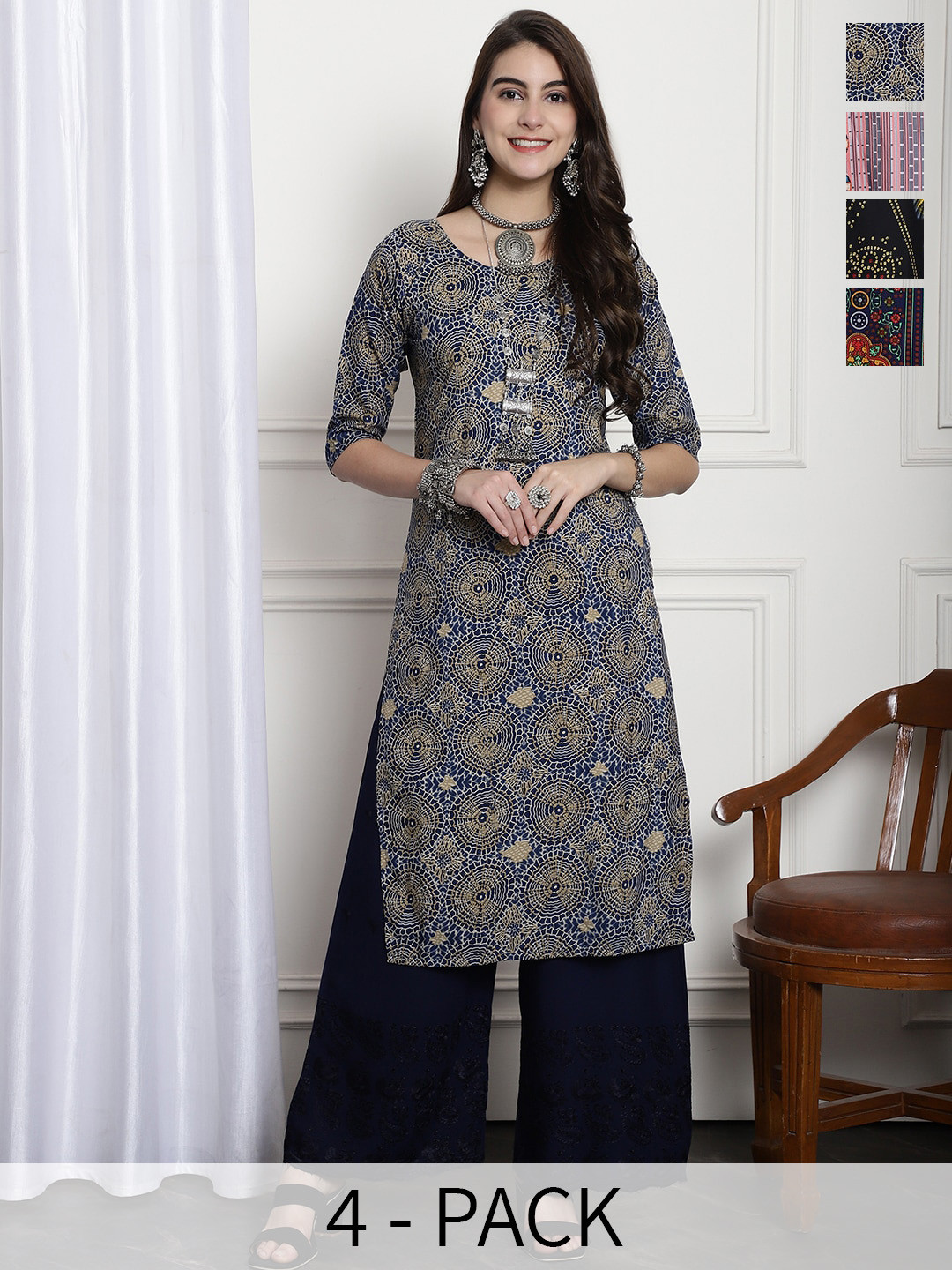 

7Threads Selection Of 5 Ethnic Motifs Printed Straight Kurta, Blue