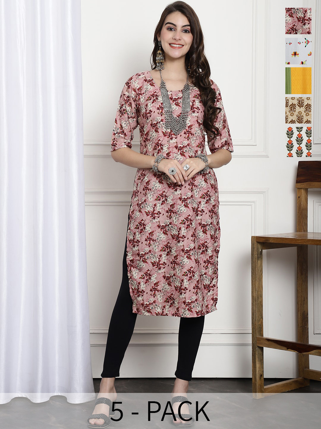 

7Threads Selection of 5 Ethnic Motifs Printed Regular Kurtas, Pink