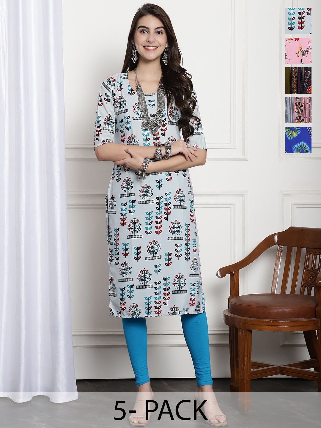 

7Threads Selection Of 5 Ethnic Motifs Printed Straight Kurta, Multi