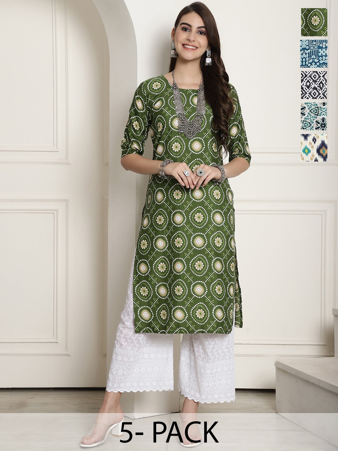 

7Threads Selection of 5 Ethnic Motifs Printed Regular Kurtas, Green