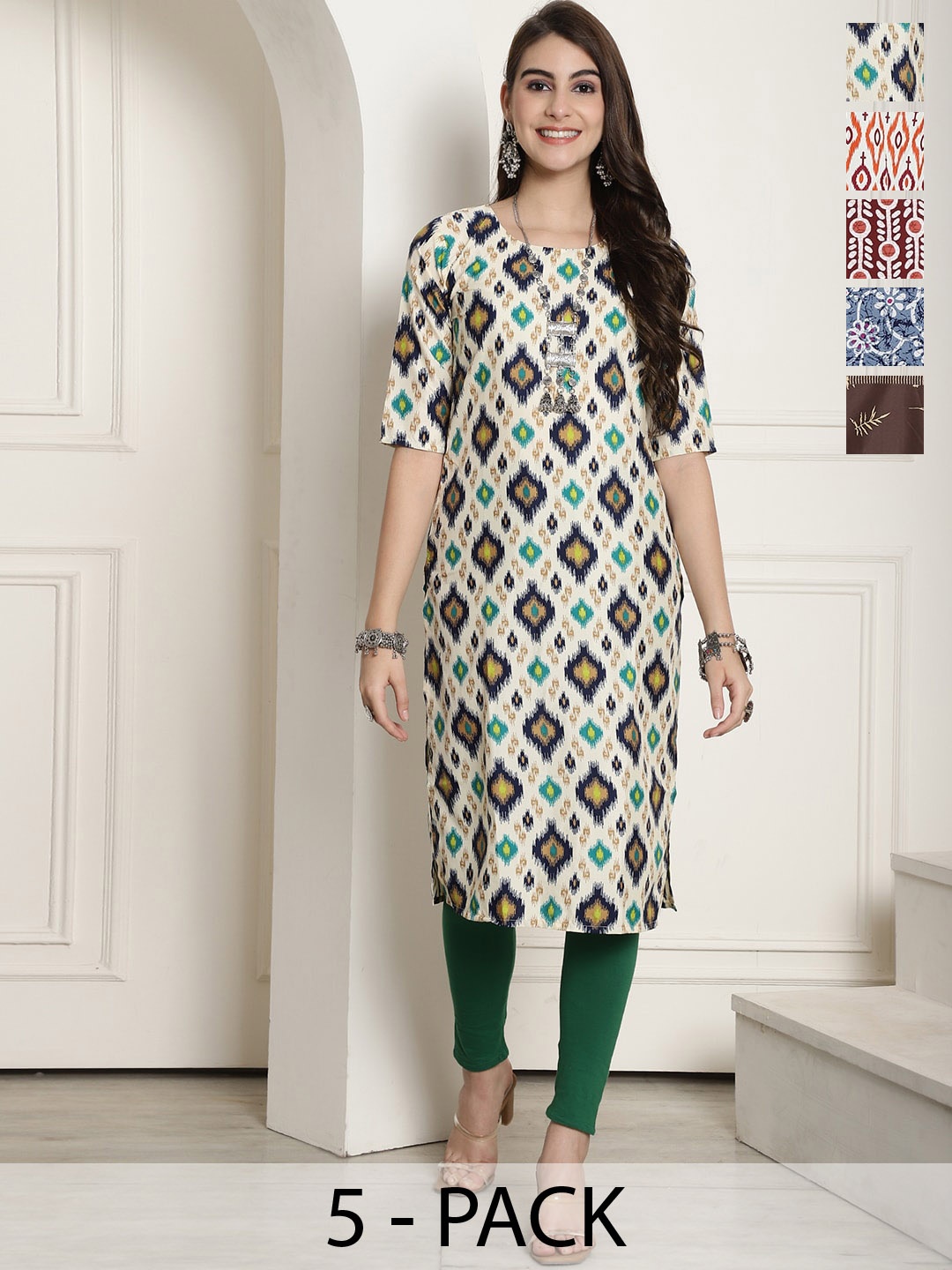 

7Threads Selection of 5 Ethnic Motifs Printed Regular Kurtas, Cream