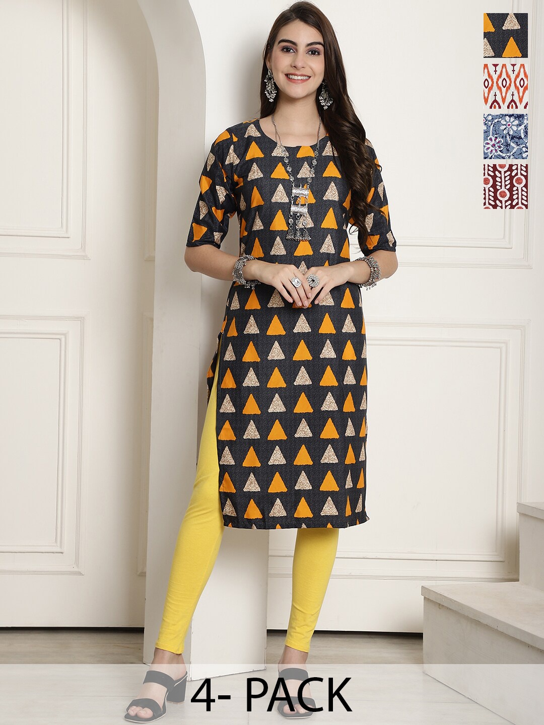 

7Threads Selection Of 4 Printed Round Neck Crepe Straight Kurta, Black