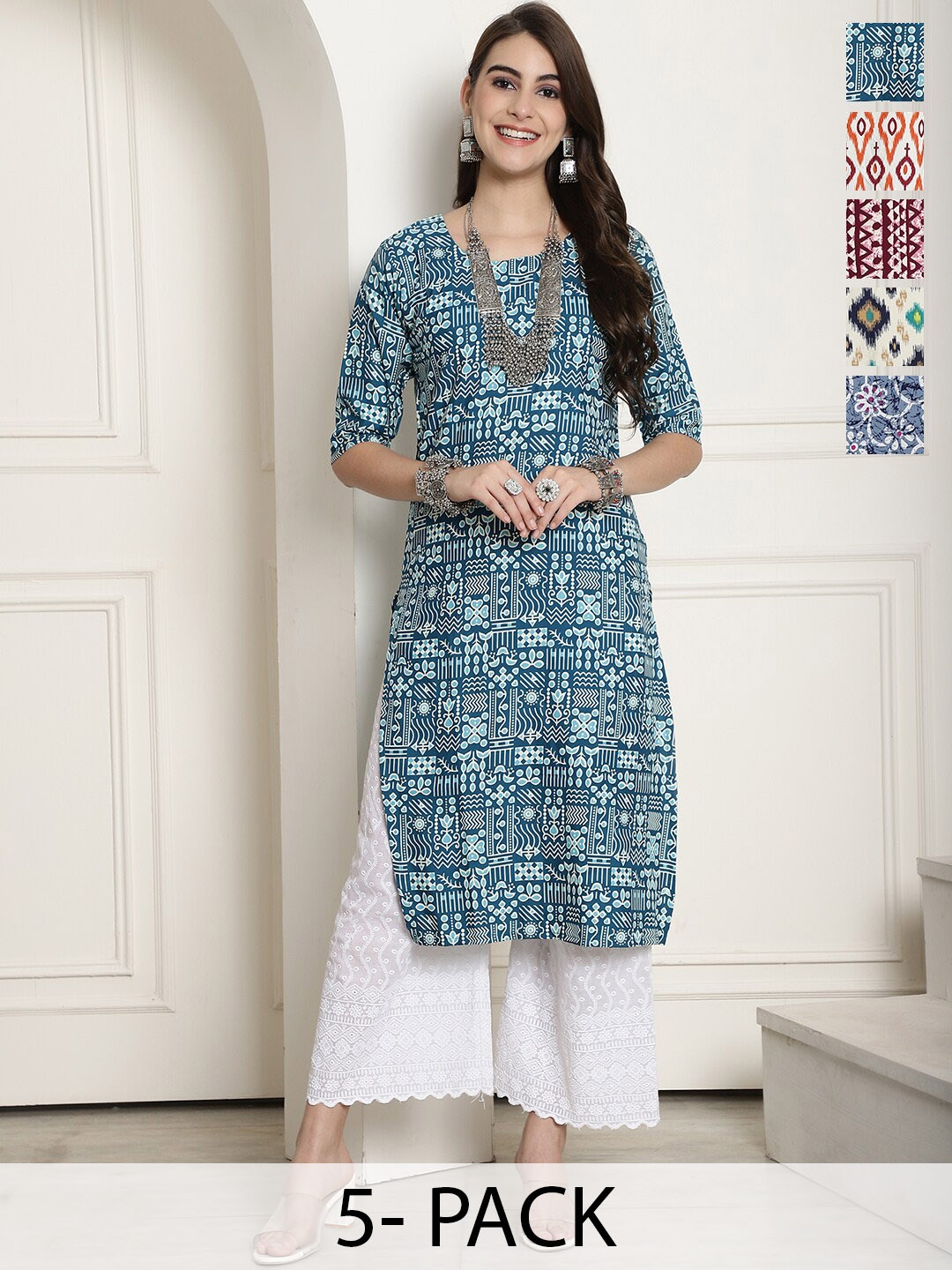 

7Threads Selection Of 5 Printed Round Neck Crepe Straight Kurta, Blue