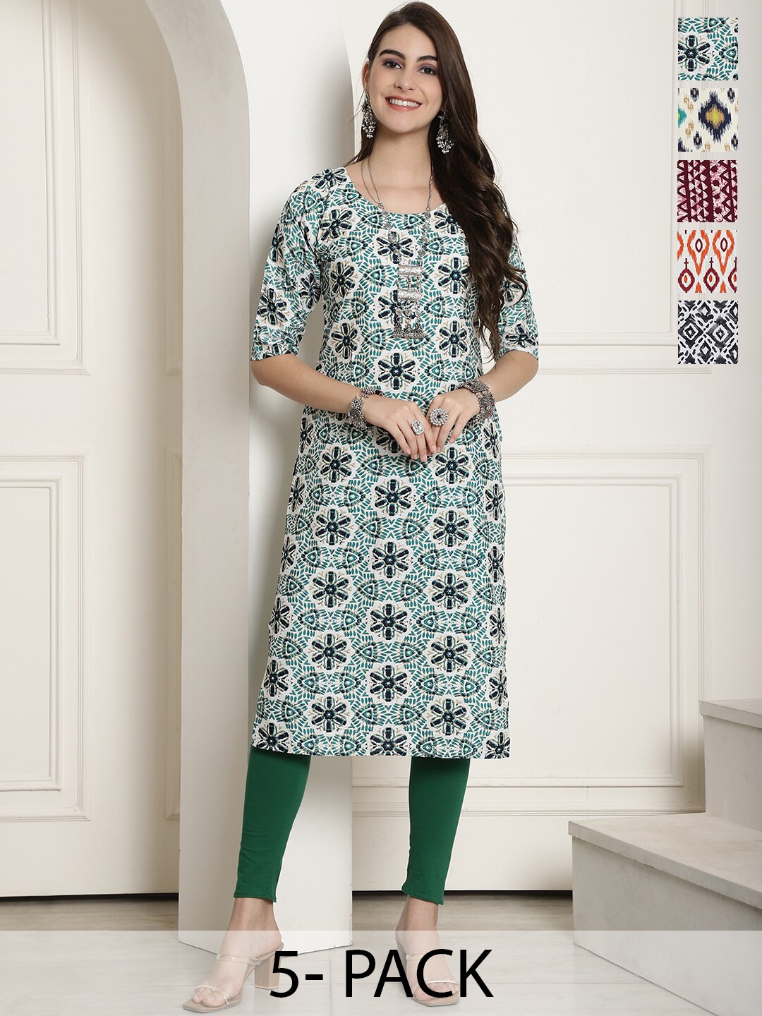 

7Threads Selection Of 5 Printed Round Neck Crepe Straight Kurta, White