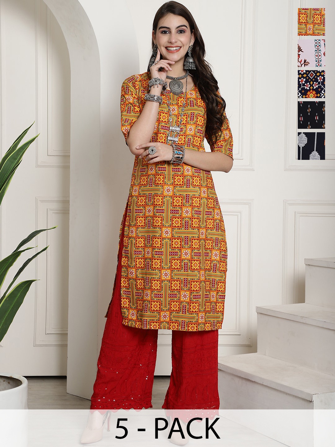 

7Threads Selection Of 5 Printed Round Neck Crepe Straight Kurta, Yellow