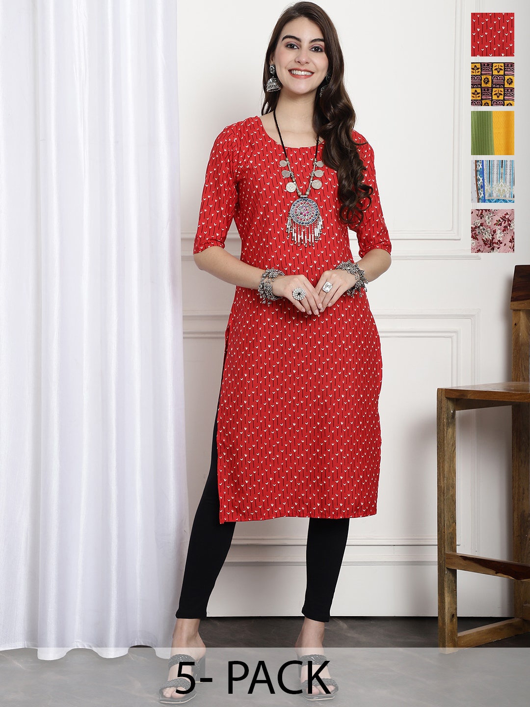 

7Threads Selection Of 5 Ethnic Motifs Printed Kurta, Red