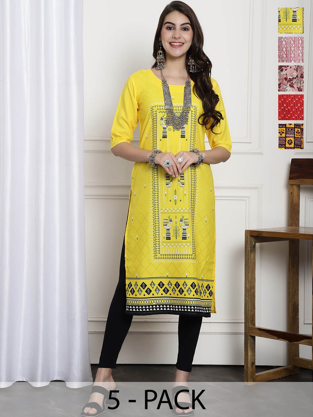 

7Threads Selection Of 5 Printed Round Neck Crepe Straight Kurta, Yellow