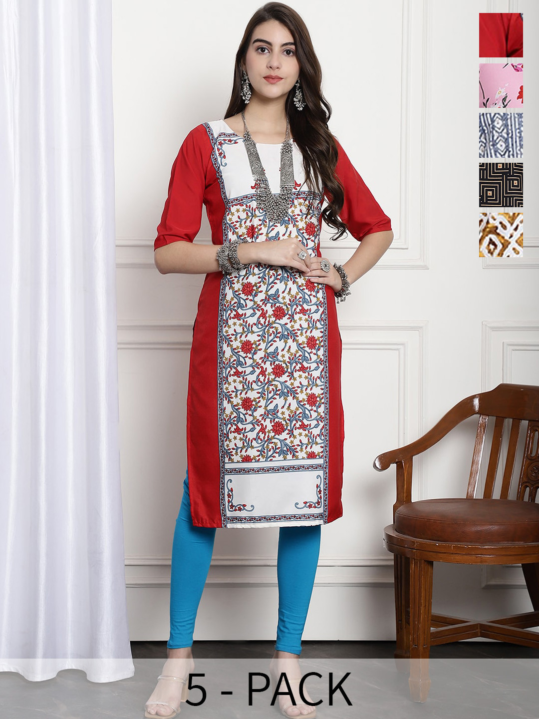 

7Threads Selection Of 5 Floral Printed Straight Kurta, Red