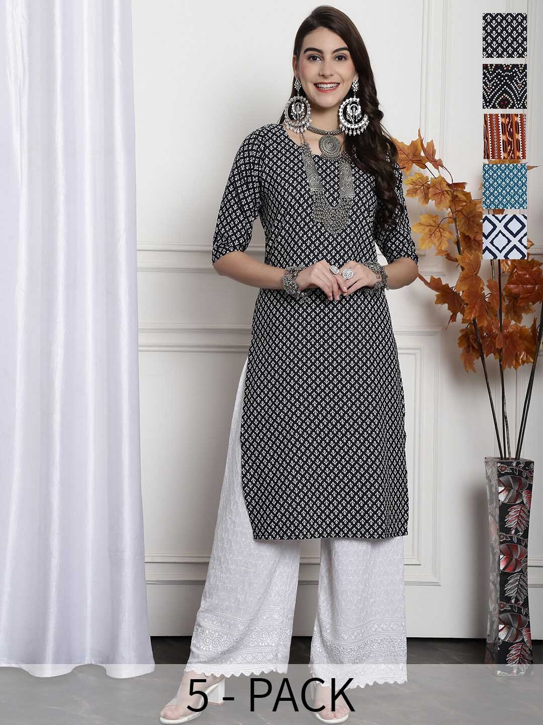 

7Threads Selection Of 5 Printed Straight Kurtas, Black