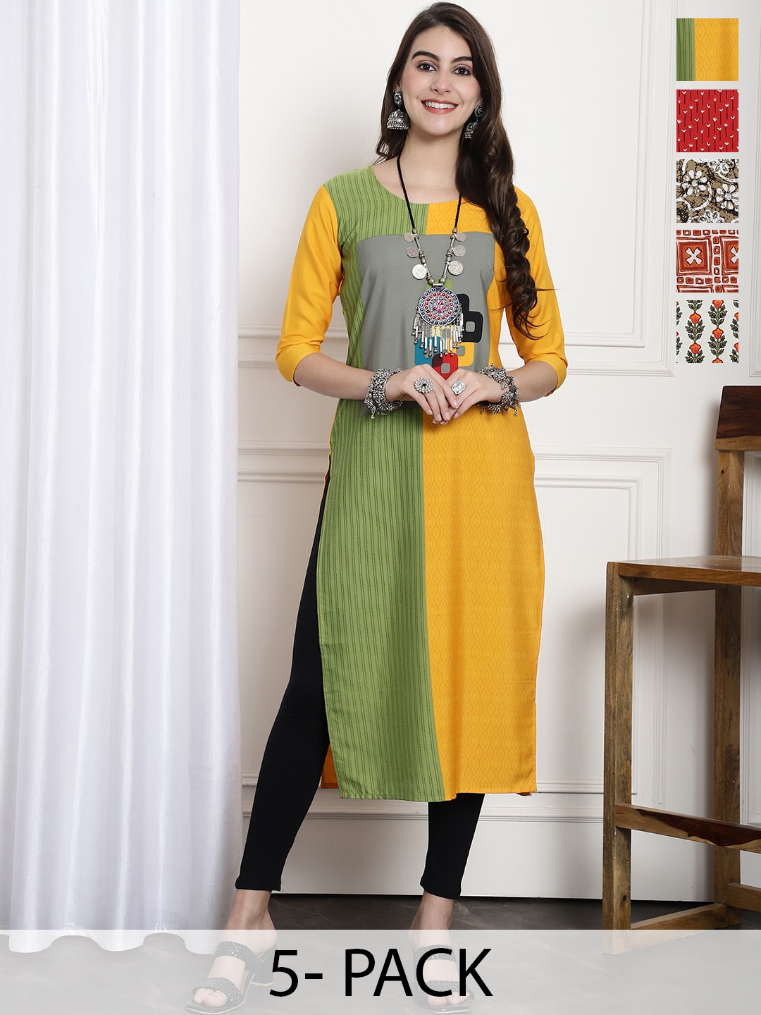 

7Threads Selection Of 5 Printed Straight Kurtas, Yellow