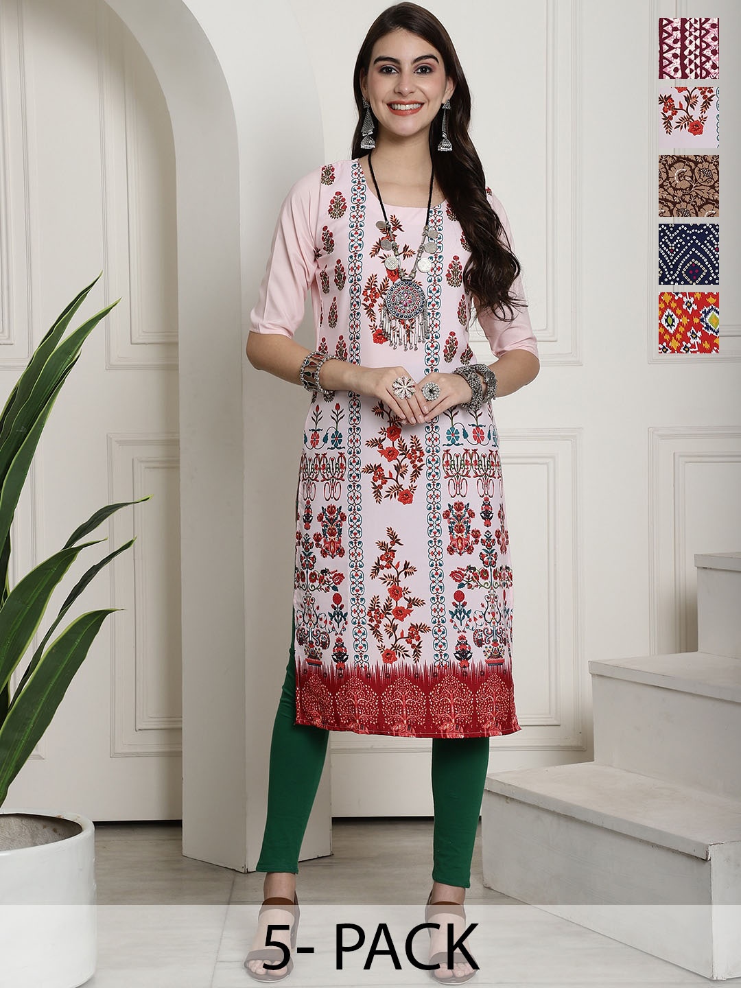 

7Threads Selection Of 5 Ethnic Motifs Printed Crepe Kurtas, Pink