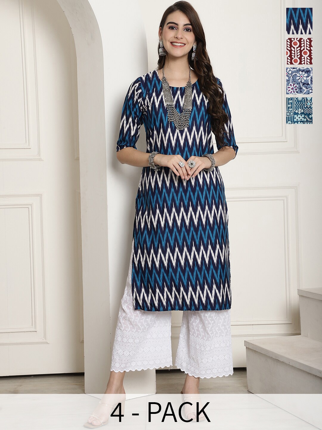 

7Threads Selection Of 4 Printed Straight Kurtas, Blue