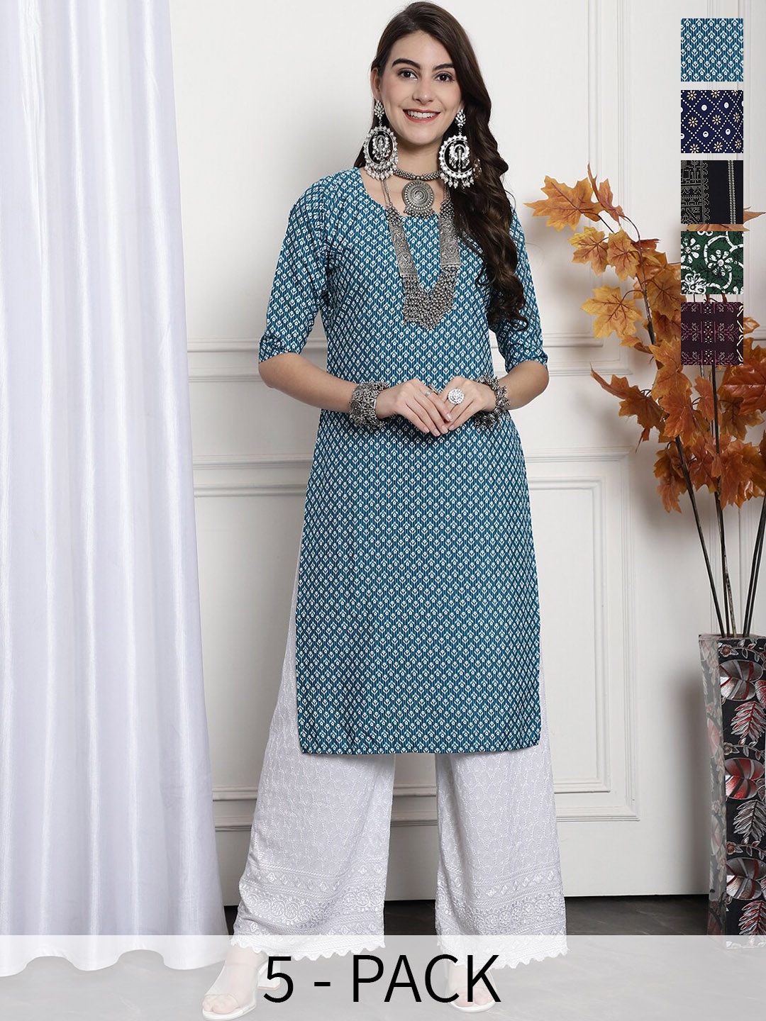 

7Threads Selection Of 5 Ethnic Motifs Printed Straight Kurta, Blue