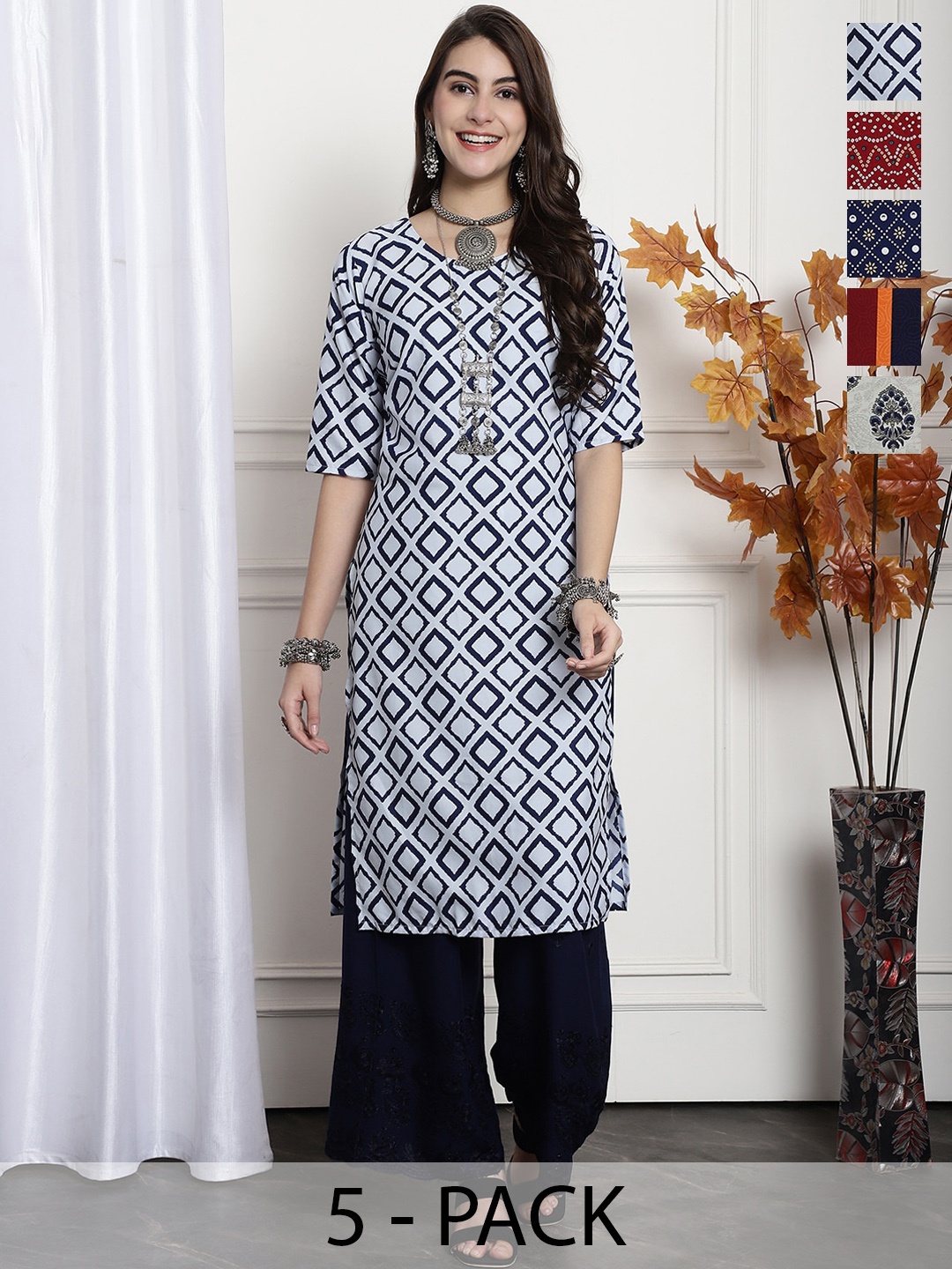 

7Threads Selection Of 5 Ethnic Motifs Printed Straight Kurta, White