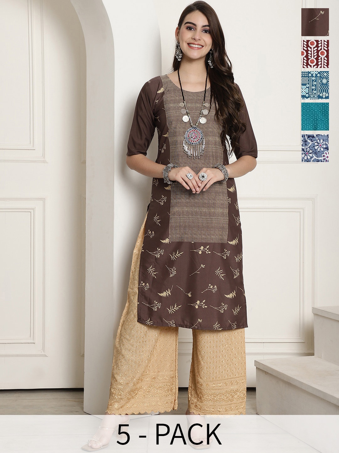 

7Threads Selection Of 5 Ethnic Motifs Printed Straight Kurta, Maroon