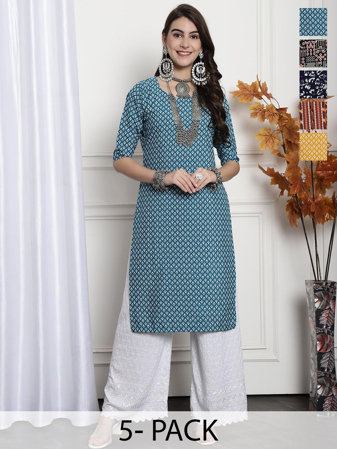 

7Threads Selection Of 5 Ethnic Motifs Printed Regular Kurta, Blue