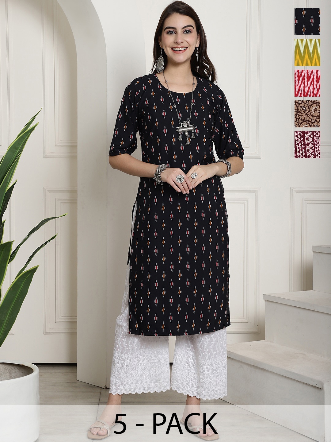 

7Threads Selection Of 5 Ethnic Motifs Printed Straight Kurta, Black