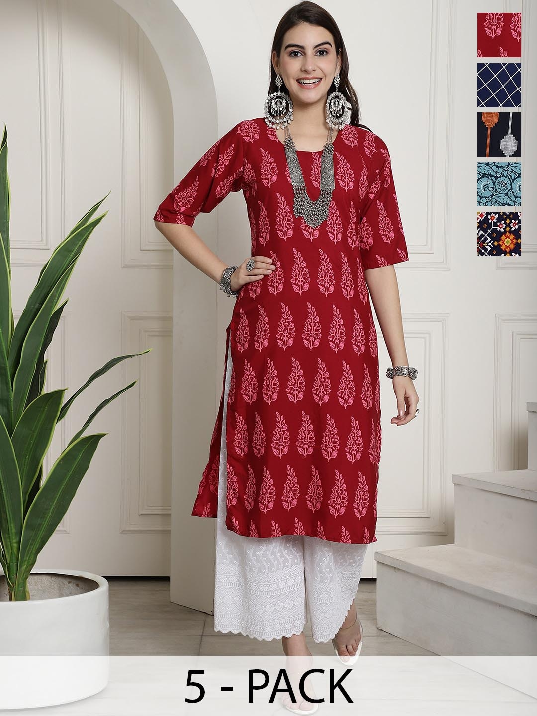 

7Threads Selection Of 5 Ethnic Motifs Printed Round Neck Kurtas, Red