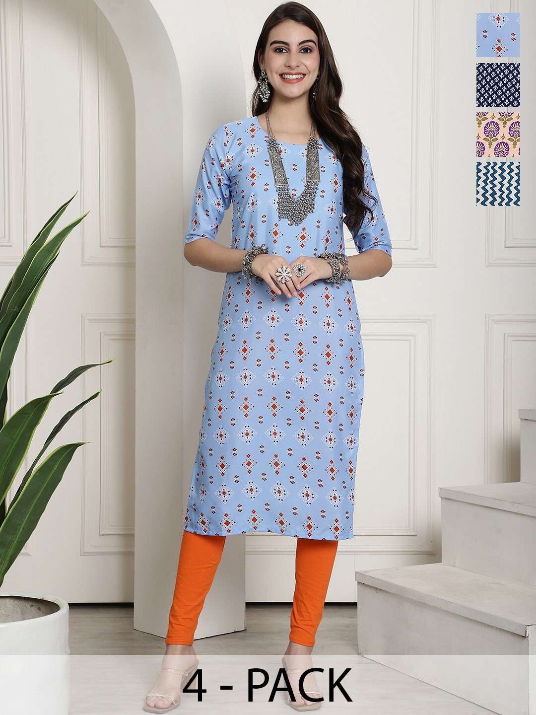 

7Threads Selection Of 5 Ethnic Motifs Printed Crepe Kurta, Blue
