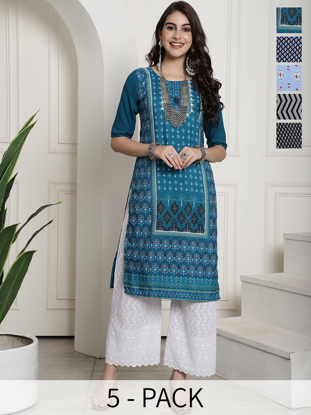 

7Threads Selection Of 5 Ethnic Motifs Printed Crepe Kurta, Teal