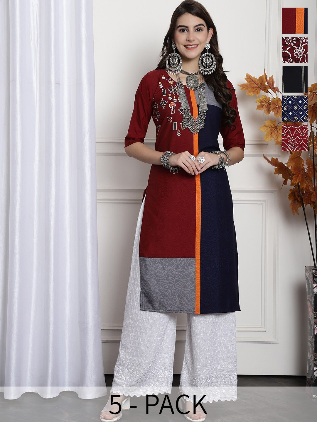 

7Threads Selection Of 5 Ethnic Motifs Printed Crepe Kurta, Red