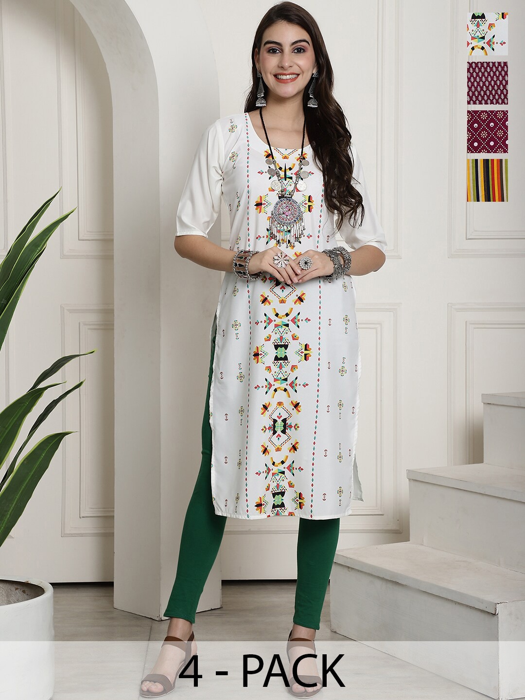 

7Threads Selection Of 4 Ethnic Motifs Printed Regular Kurta, White