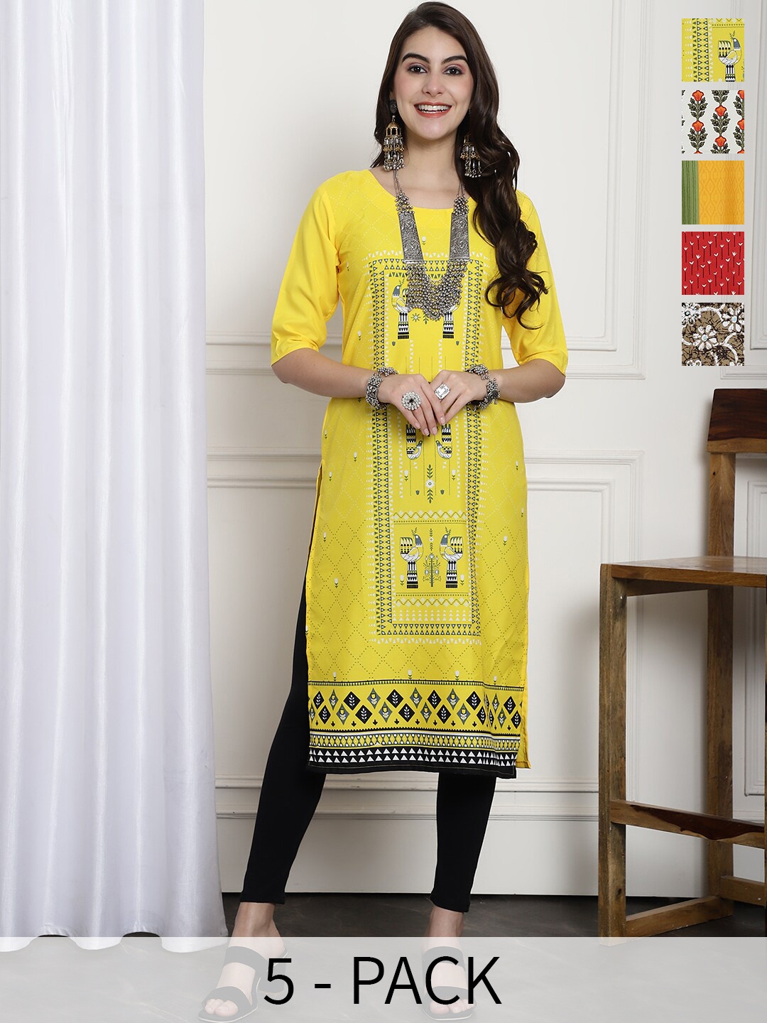 

7Threads Selection Of 5 Ethnic Motifs Printed Regular Kurta, Yellow