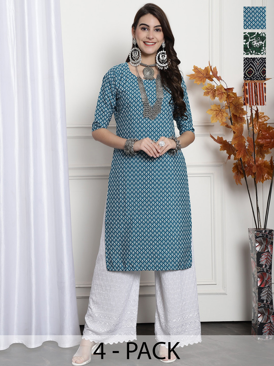 

7Threads Selection Of 4 Ethnic Motifs Printed Regular Kurta, Blue