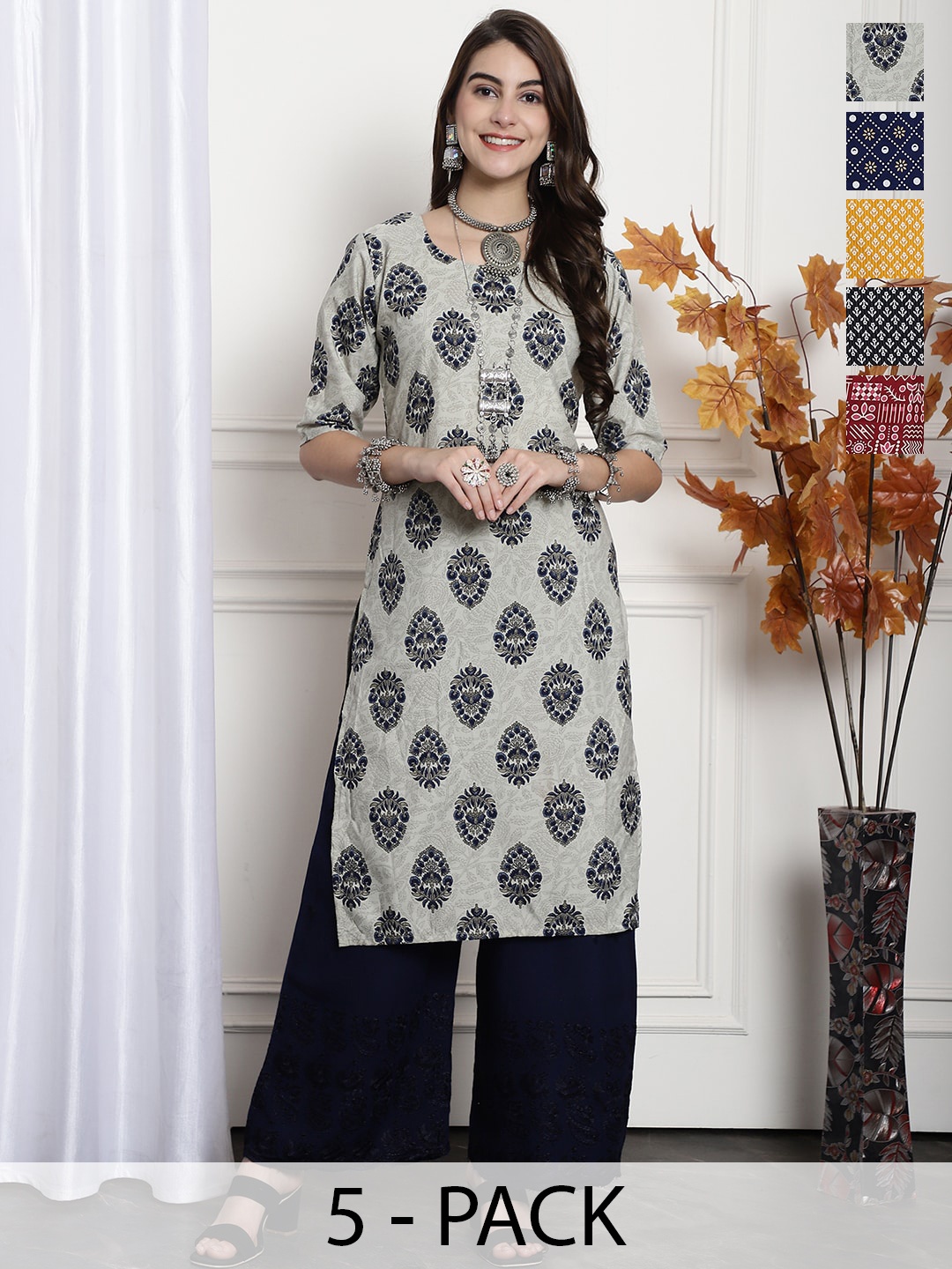 

7Threads Selection Of 5 Ethnic Motifs Printed Straight Kurta, Grey