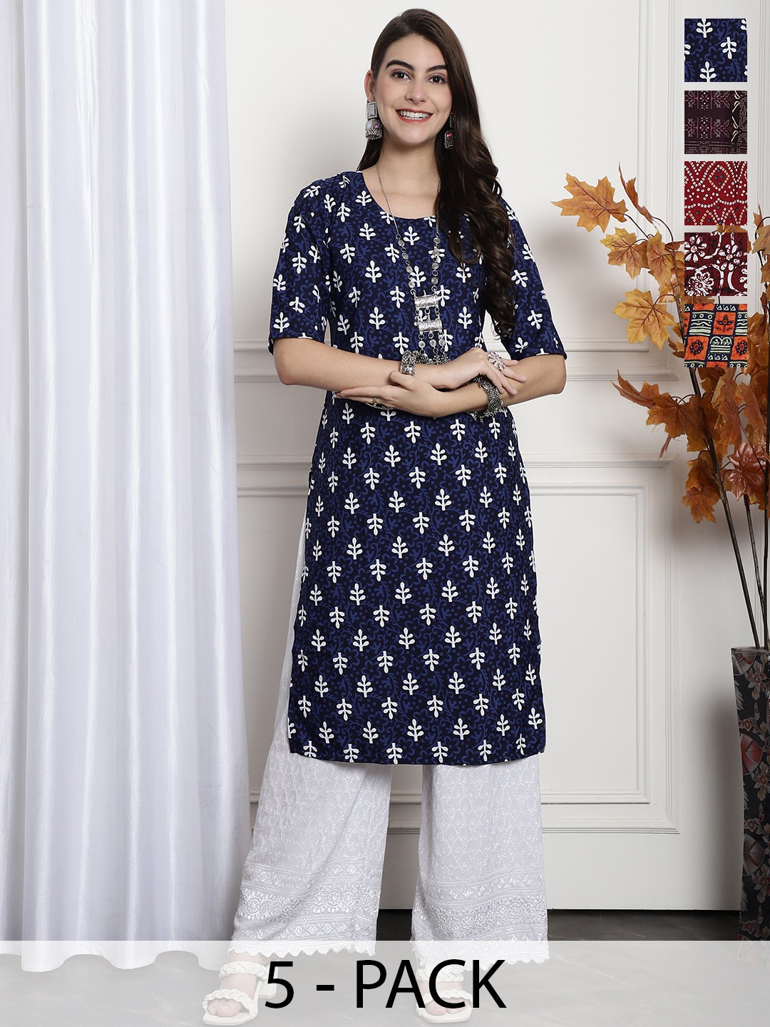 

7Threads Selection Of 5 Ethnic Motifs Printed Kurta, Navy blue