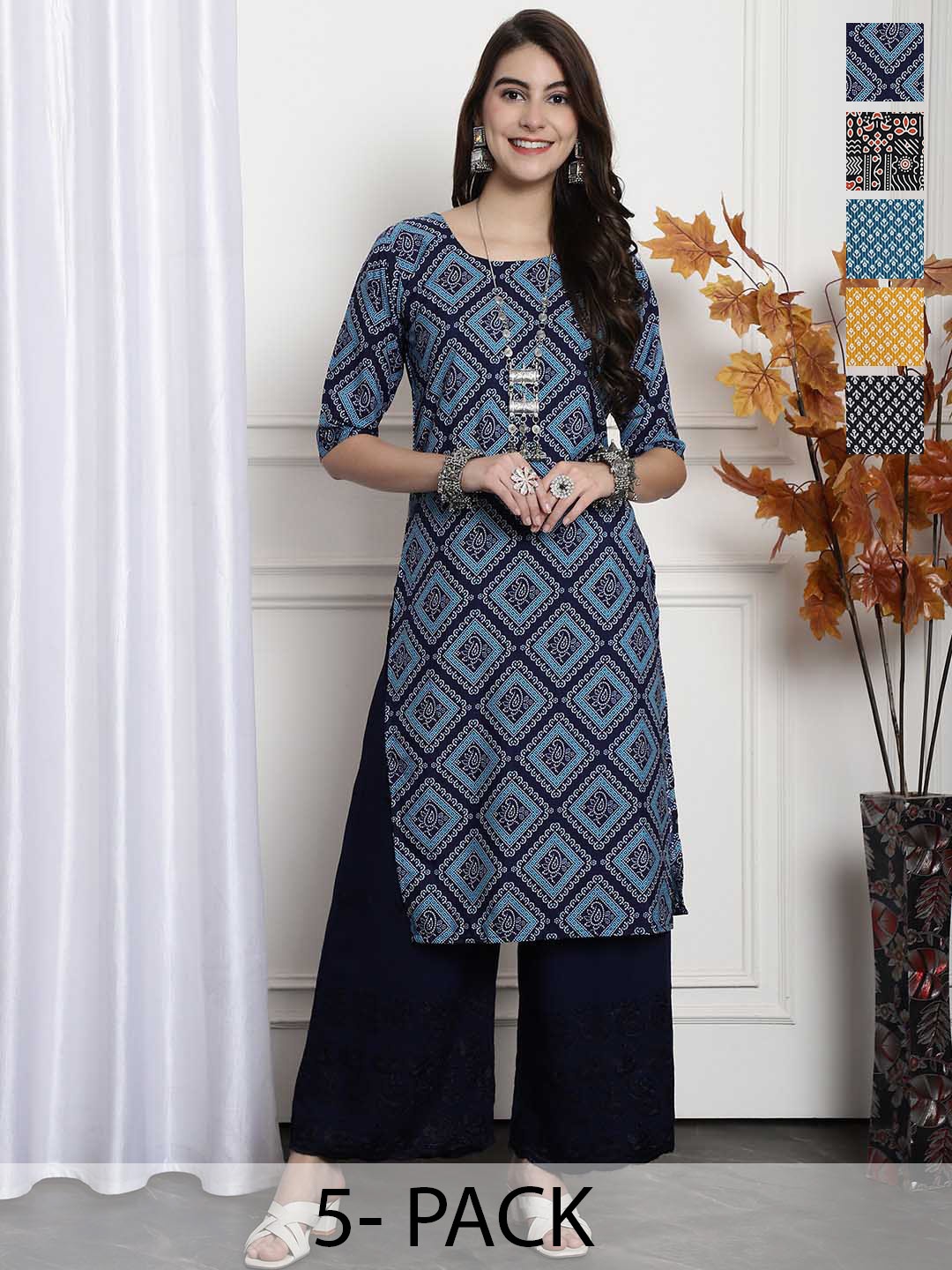 

7Threads Selection Of 5 Ethnic Motifs Printed Straight Kurta, Navy blue