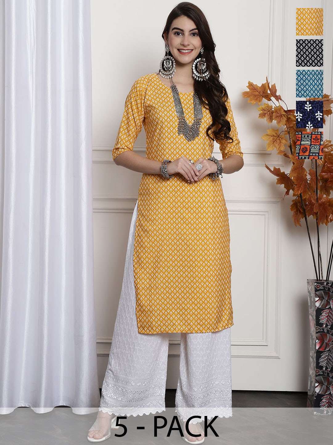 

7Threads Selection Of 5 Ethnic Motifs Printed Straight Kurtas, Yellow