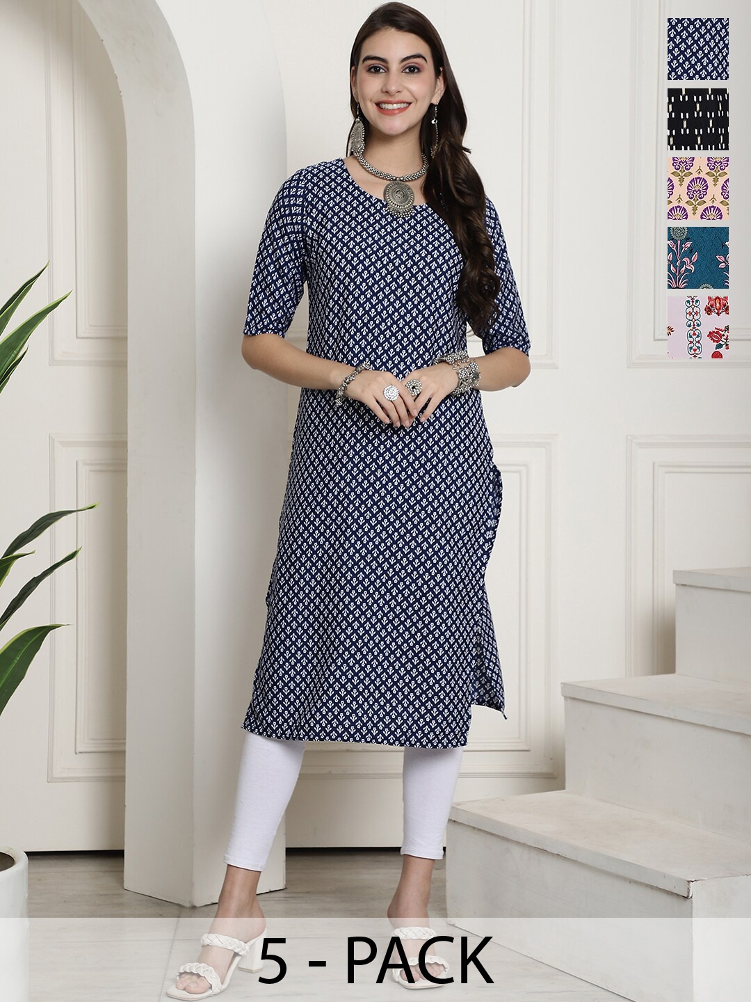 

7Threads Selection Of 5 Ethnic Motifs Printed Straight Kurtas, Navy blue